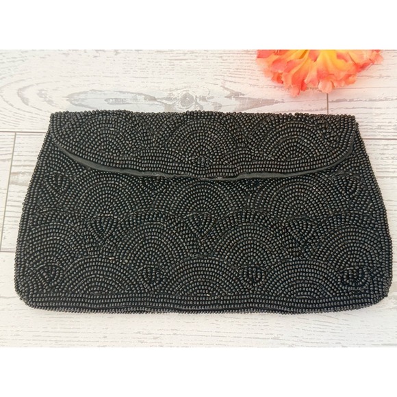 Hato Hasi Black Beaded Vintage Japan Satin Lined Clutch Evening Formal Purse EUC